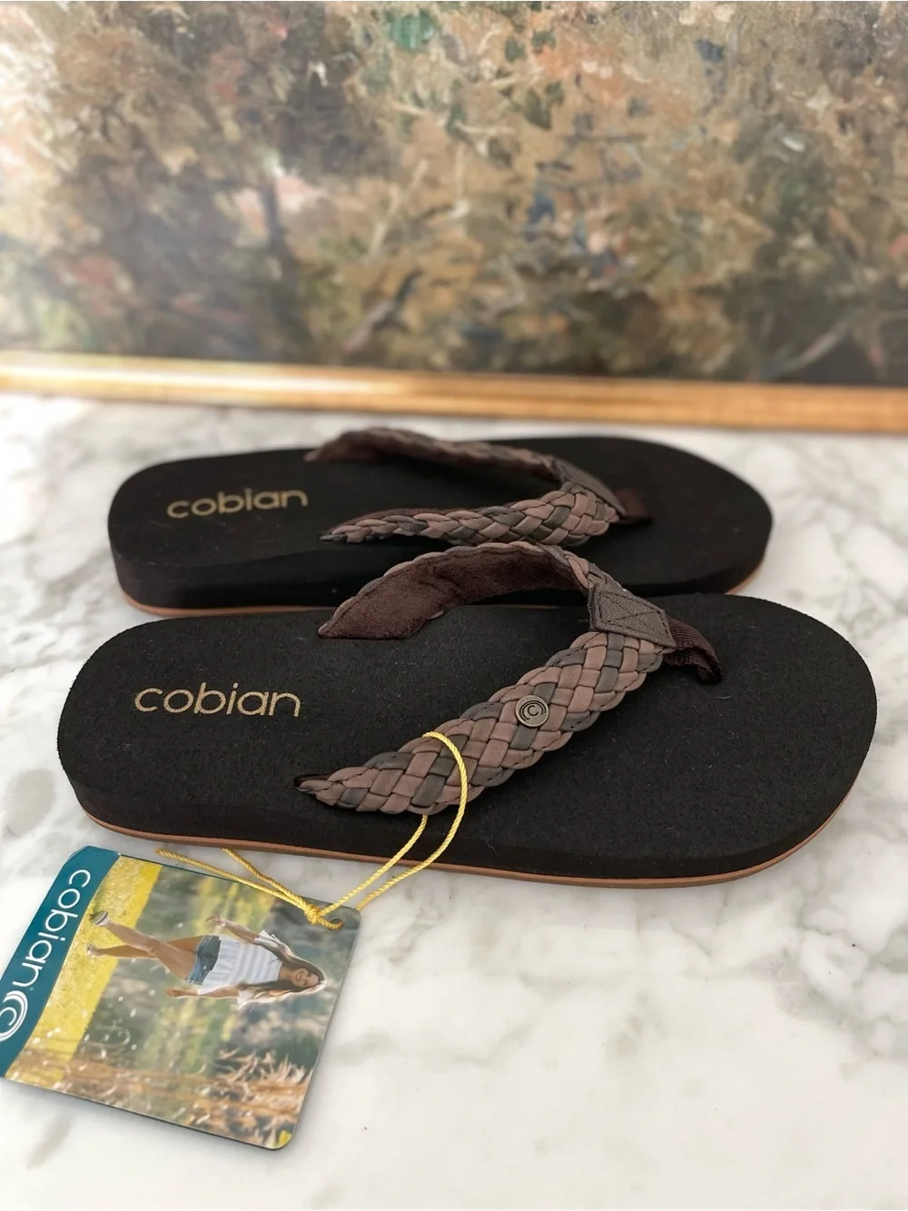 Cobian Leather Braided Bounce Chocolate Flip Flop size 7 Sandals Brown - Picture 3 of 7